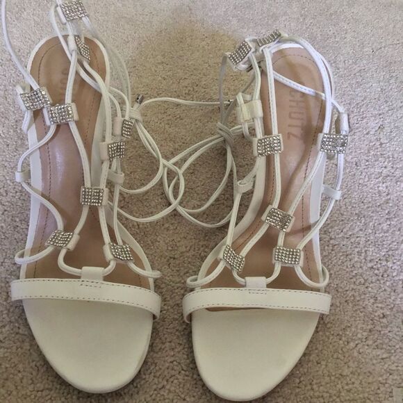 Schutz Kallie Nappa 8B White Leather Strappy 3'' Rhinestone Lace Up Heel's - Picture 6 of 10